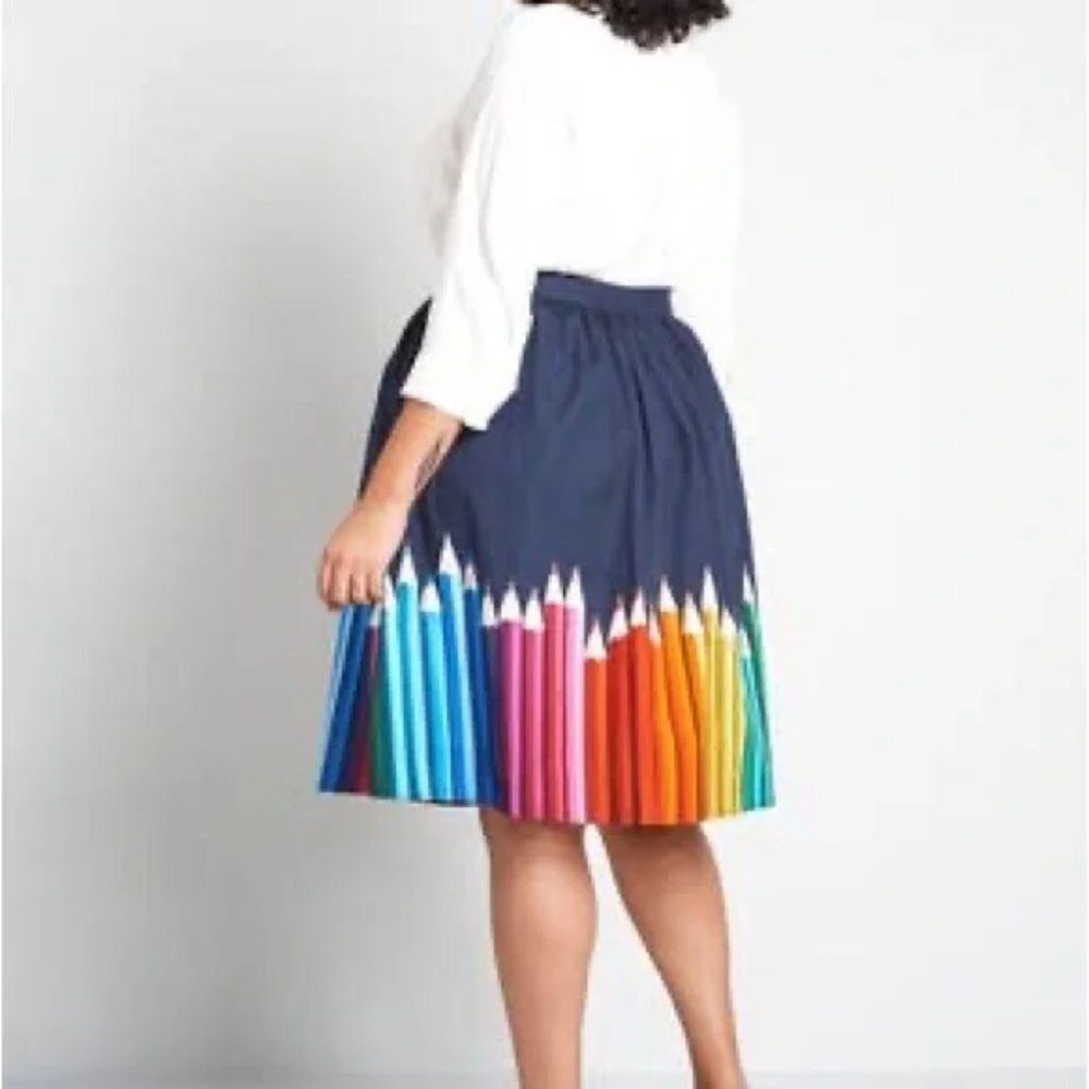 Navy Pencil-Print Knee-Length Skirt with Rainbow Pencil Design - Picture 3 of 3
